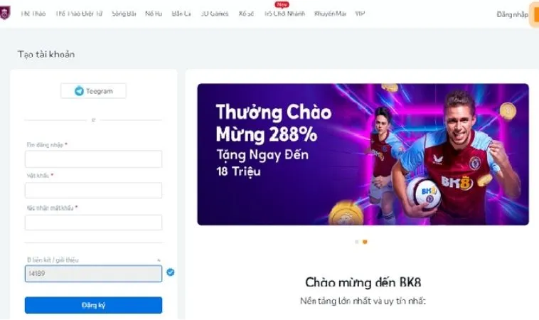 Giao diện đăng ký BK8