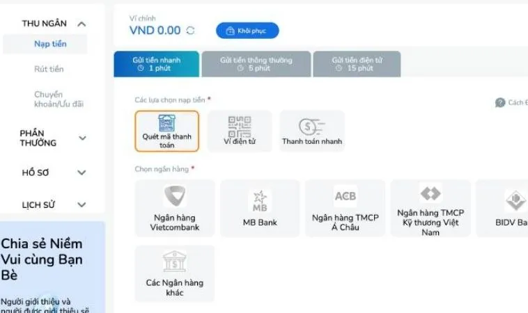 Giao diện nạp tiền BK8