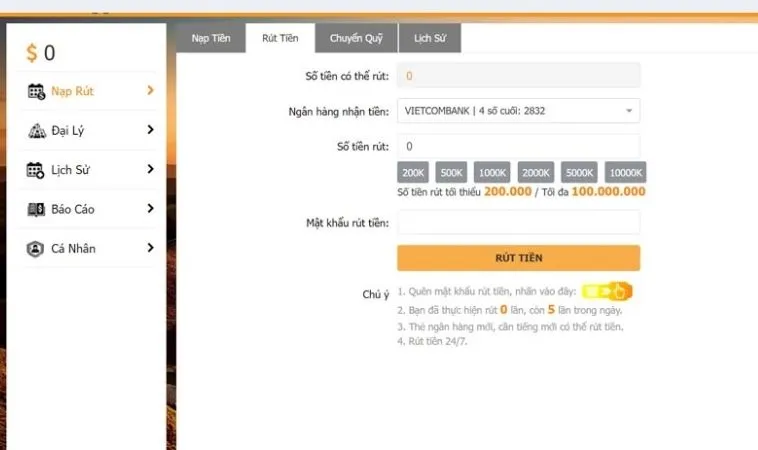 Giao diện rút tiền BK8